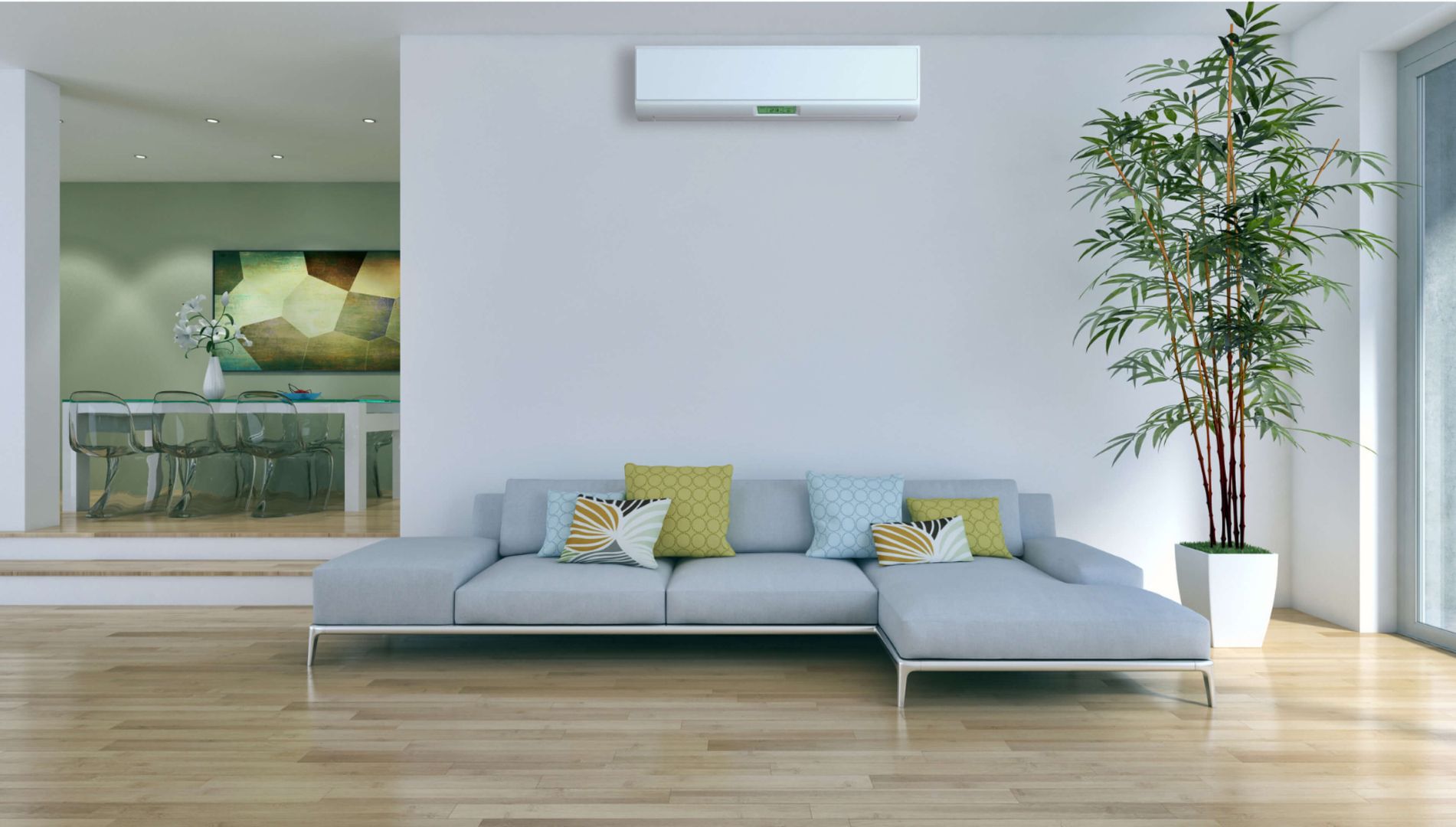Klimaanlage hängt an der Wand in einem Wohnzimmer